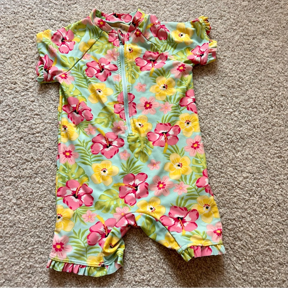 Little Me Floral Swim Romper - Pink, Green, Yellow 24m